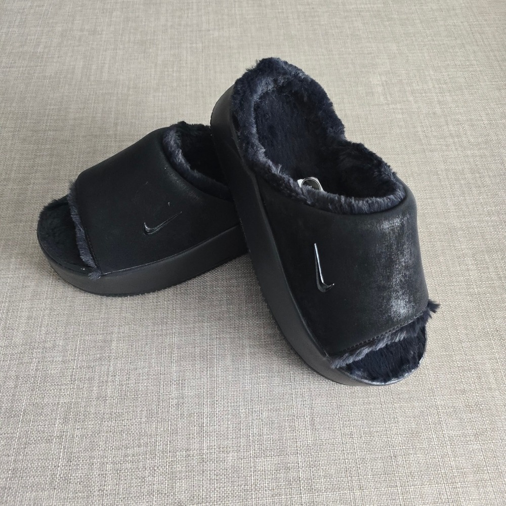Nike Icon Classic Platform Slides Black Faux Fur Sandals DH0223-001